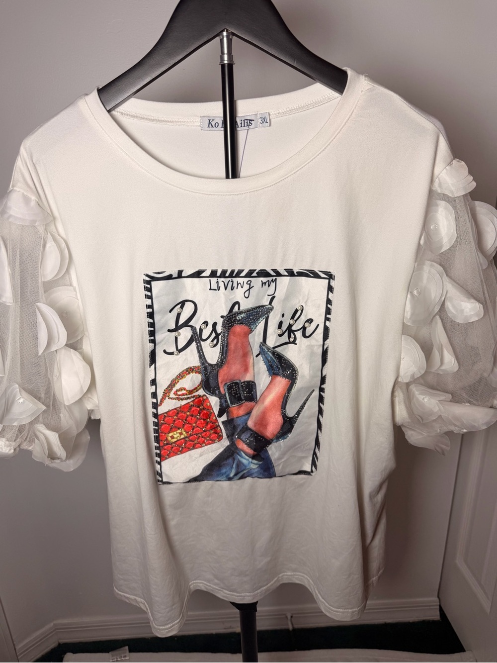 White Graphic Puff-Sleeve Tee